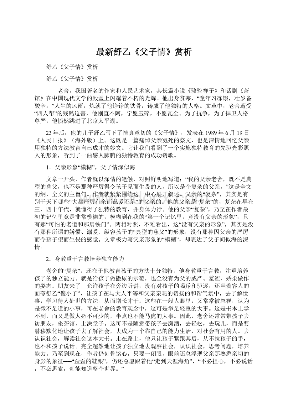 最新舒乙《父子情》赏析Word文档格式.docx