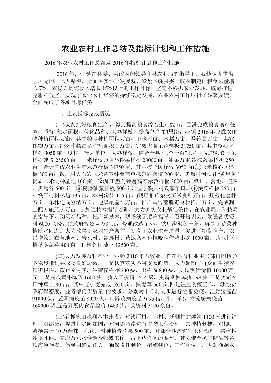 农业农村工作总结及指标计划和工作措施.docx