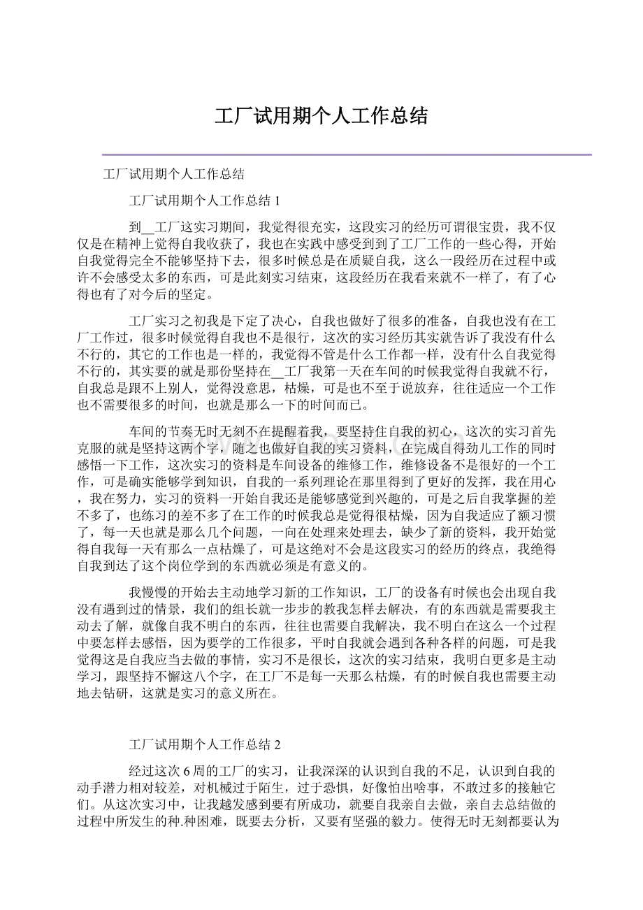 工厂试用期个人工作总结Word格式文档下载.docx