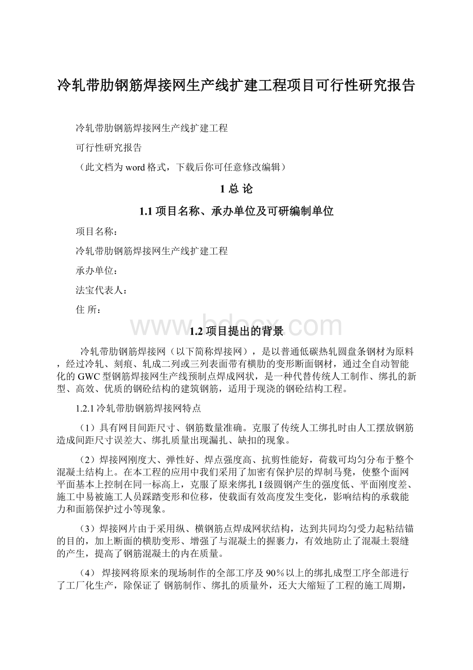 冷轧带肋钢筋焊接网生产线扩建工程项目可行性研究报告Word文档格式.docx_第1页