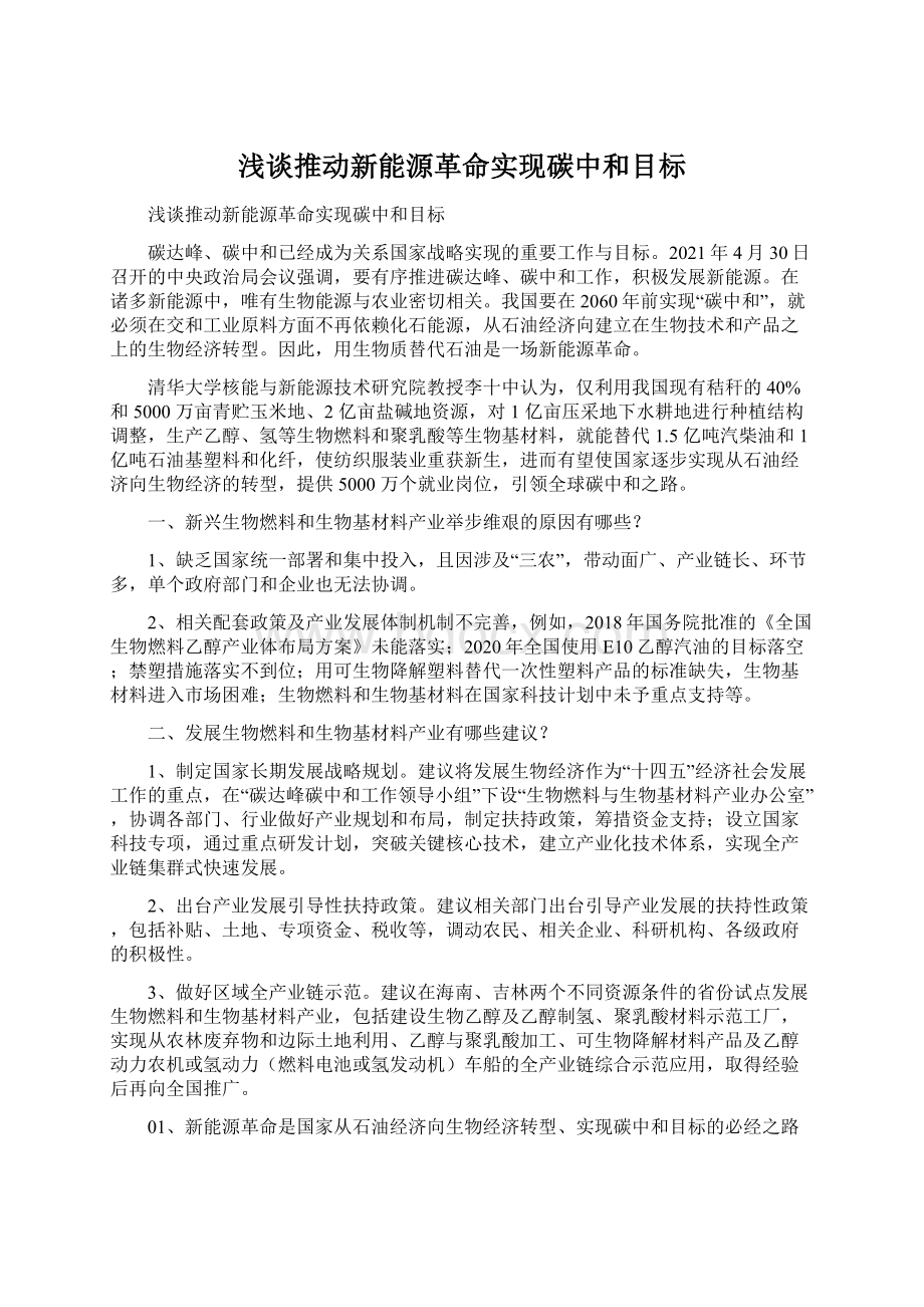 浅谈推动新能源革命实现碳中和目标Word格式文档下载.docx