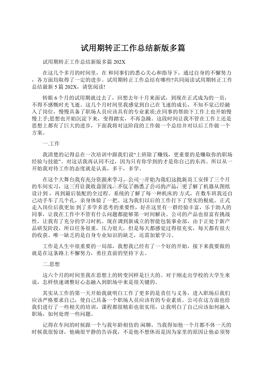 试用期转正工作总结新版多篇Word文档下载推荐.docx