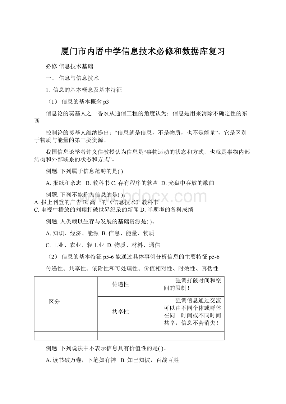 厦门市内厝中学信息技术必修和数据库复习.docx_第1页