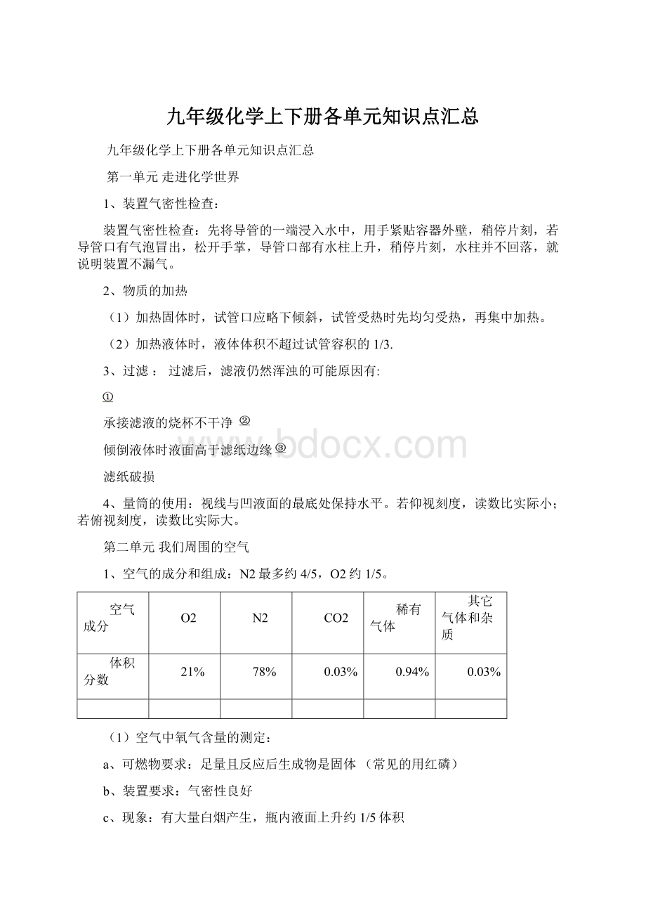 九年级化学上下册各单元知识点汇总Word文档下载推荐.docx_第1页