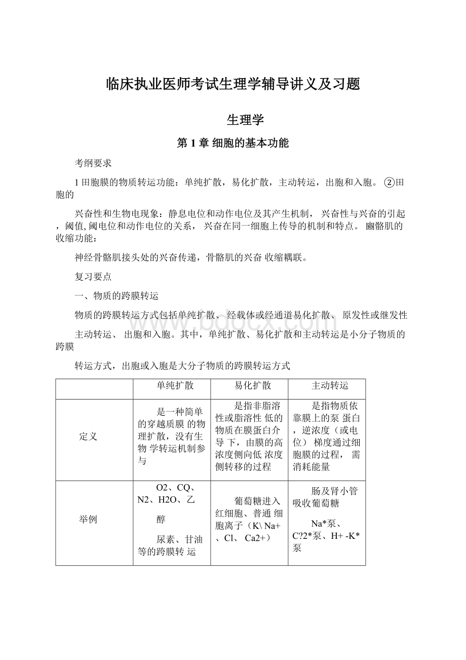 临床执业医师考试生理学辅导讲义及习题.docx