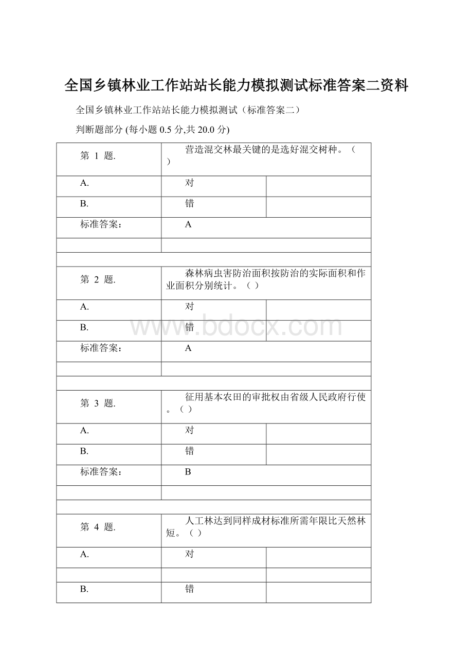 全国乡镇林业工作站站长能力模拟测试标准答案二资料.docx_第1页