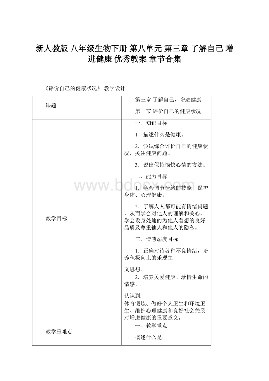 新人教版 八年级生物下册 第八单元 第三章 了解自己 增进健康 优秀教案 章节合集.docx_第1页