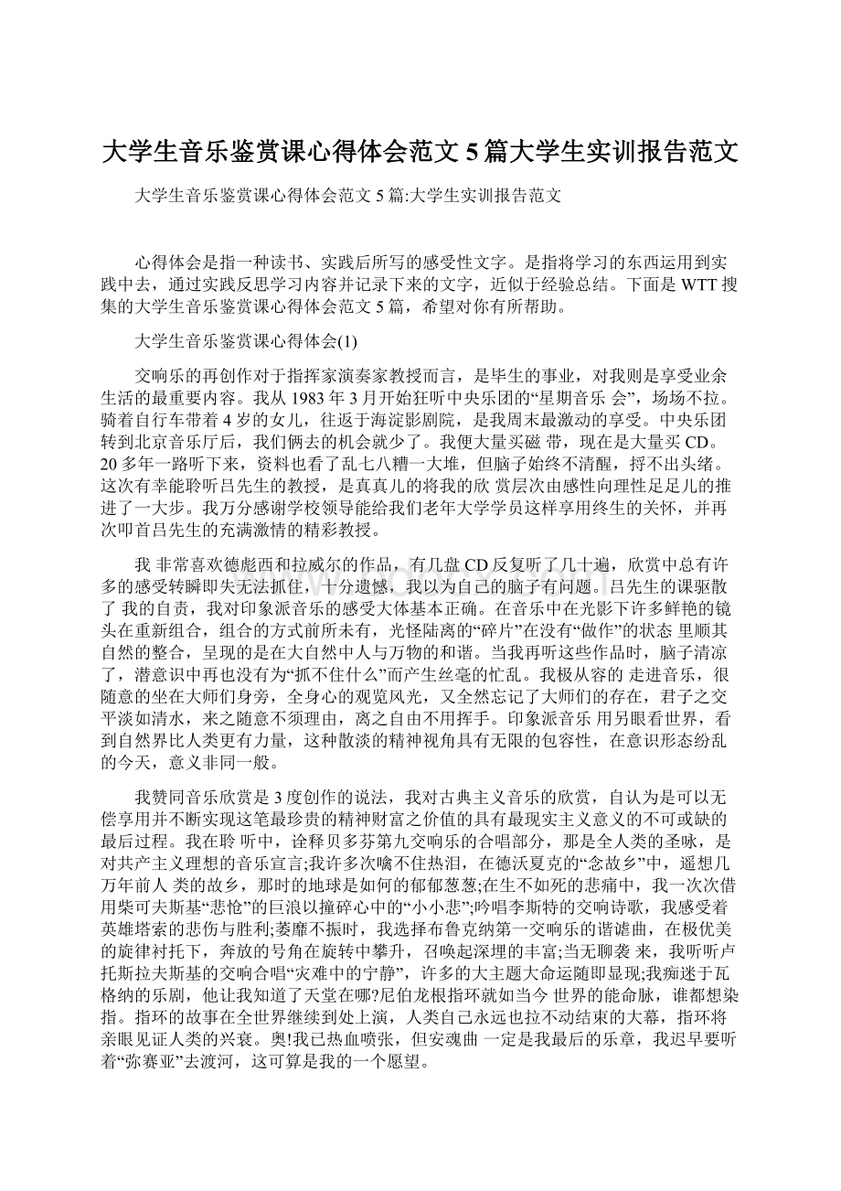 大学生音乐鉴赏课心得体会范文5篇大学生实训报告范文.docx