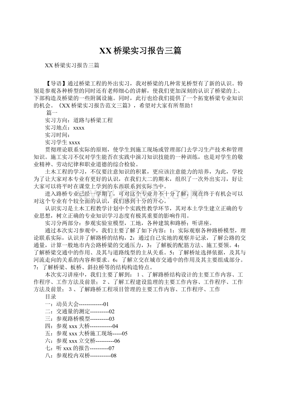 XX桥梁实习报告三篇.docx