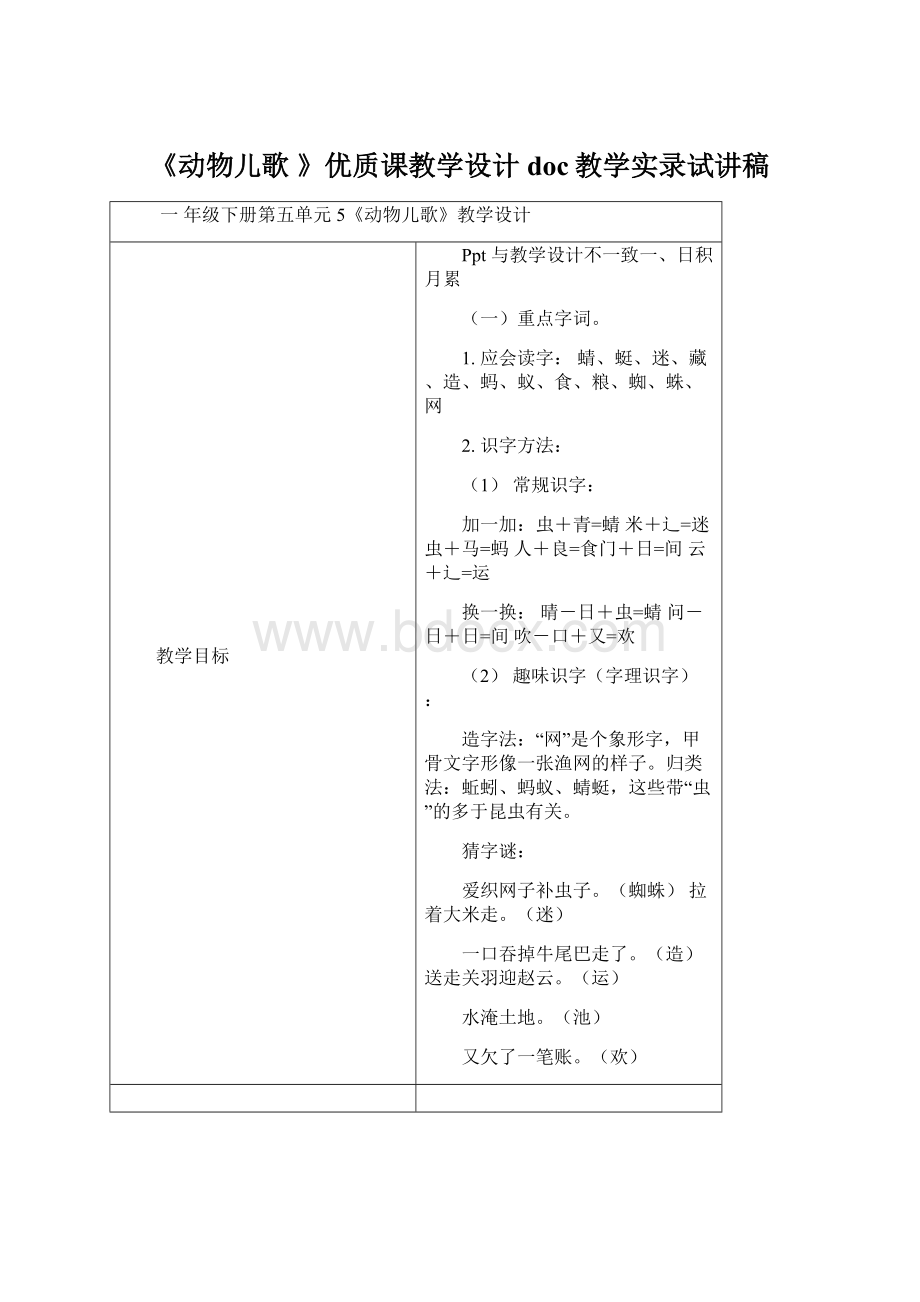 《动物儿歌 》优质课教学设计doc教学实录试讲稿Word下载.docx