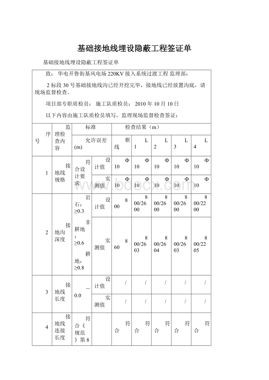 基础接地线埋设隐蔽工程签证单Word下载.docx