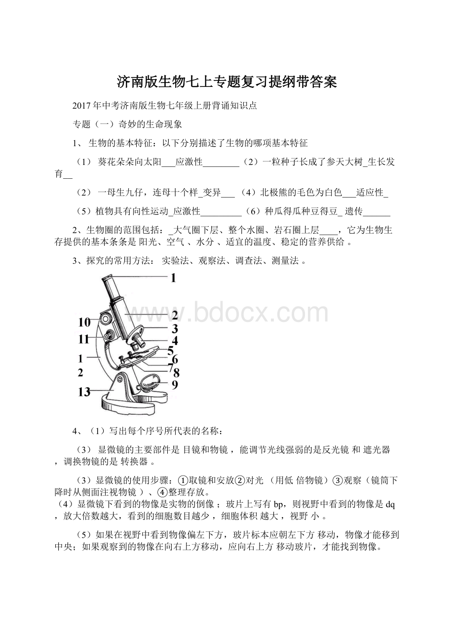 济南版生物七上专题复习提纲带答案.docx