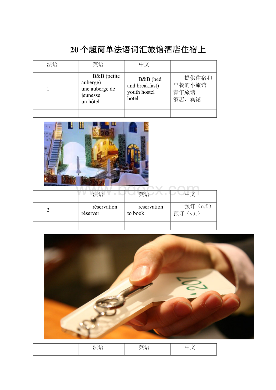 20个超简单法语词汇旅馆酒店住宿上Word格式文档下载.docx