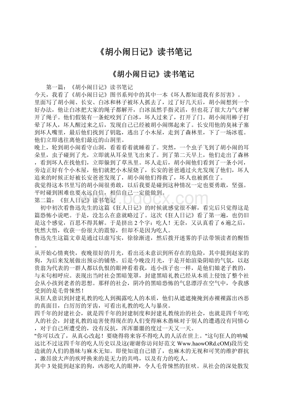 《胡小闹日记》读书笔记文档格式.docx