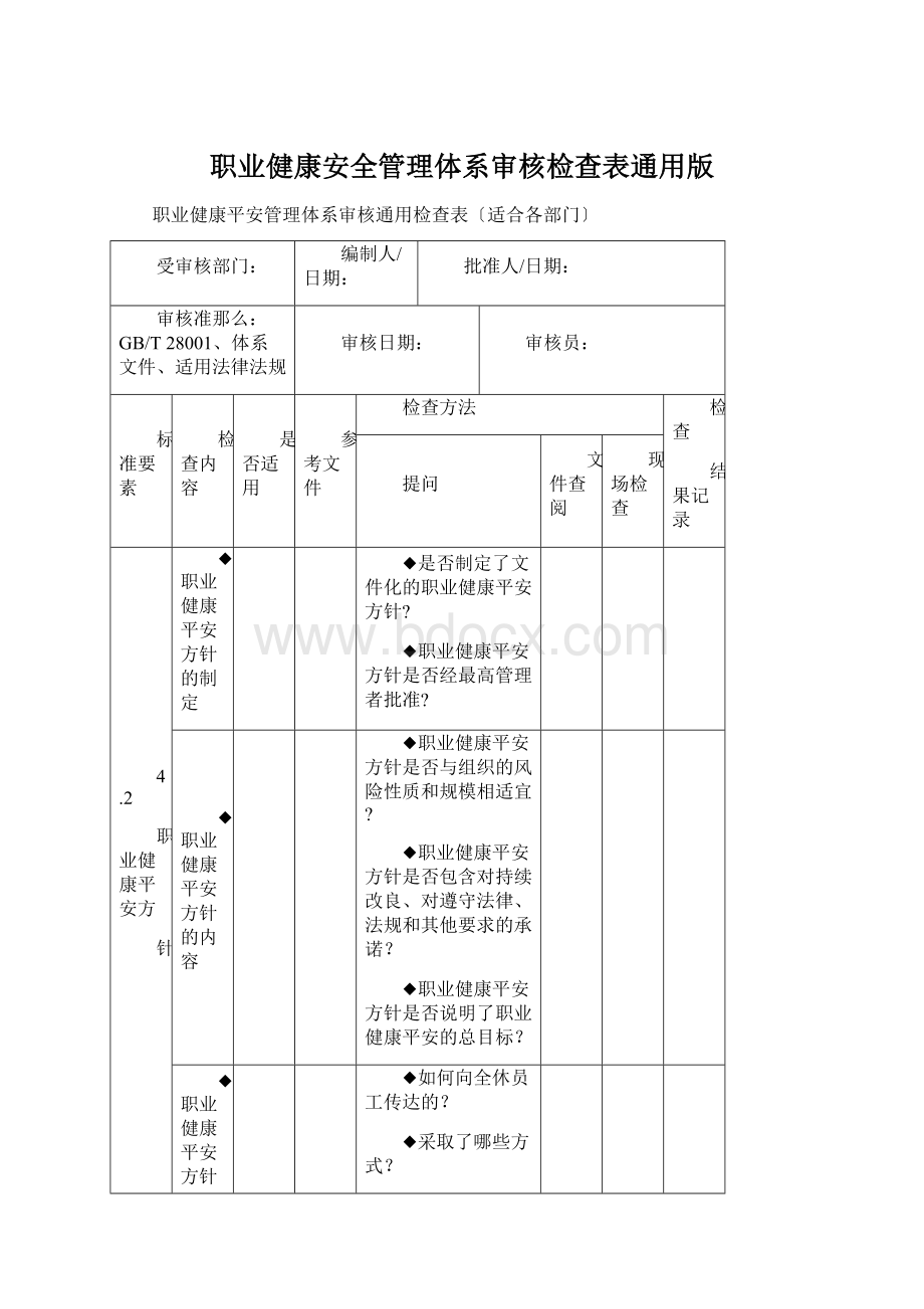 职业健康安全管理体系审核检查表通用版Word文档格式.docx