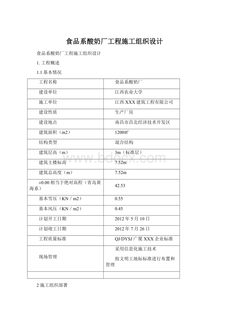 食品系酸奶厂工程施工组织设计文档格式.docx