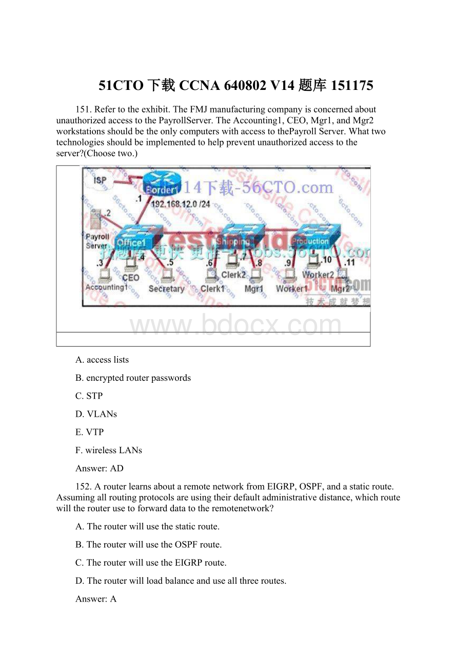 51CTO下载CCNA 640802 V14 题库151175.docx