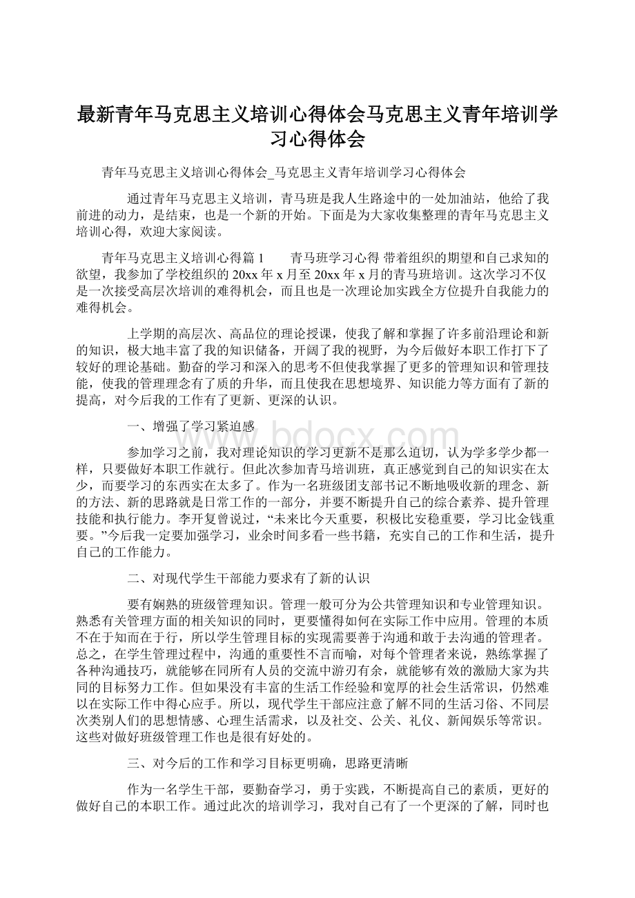 最新青年马克思主义培训心得体会马克思主义青年培训学习心得体会Word文档格式.docx_第1页