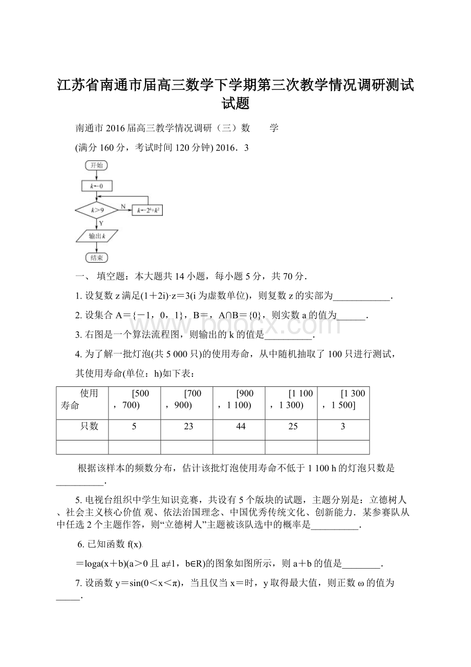 江苏省南通市届高三数学下学期第三次教学情况调研测试试题.docx_第1页