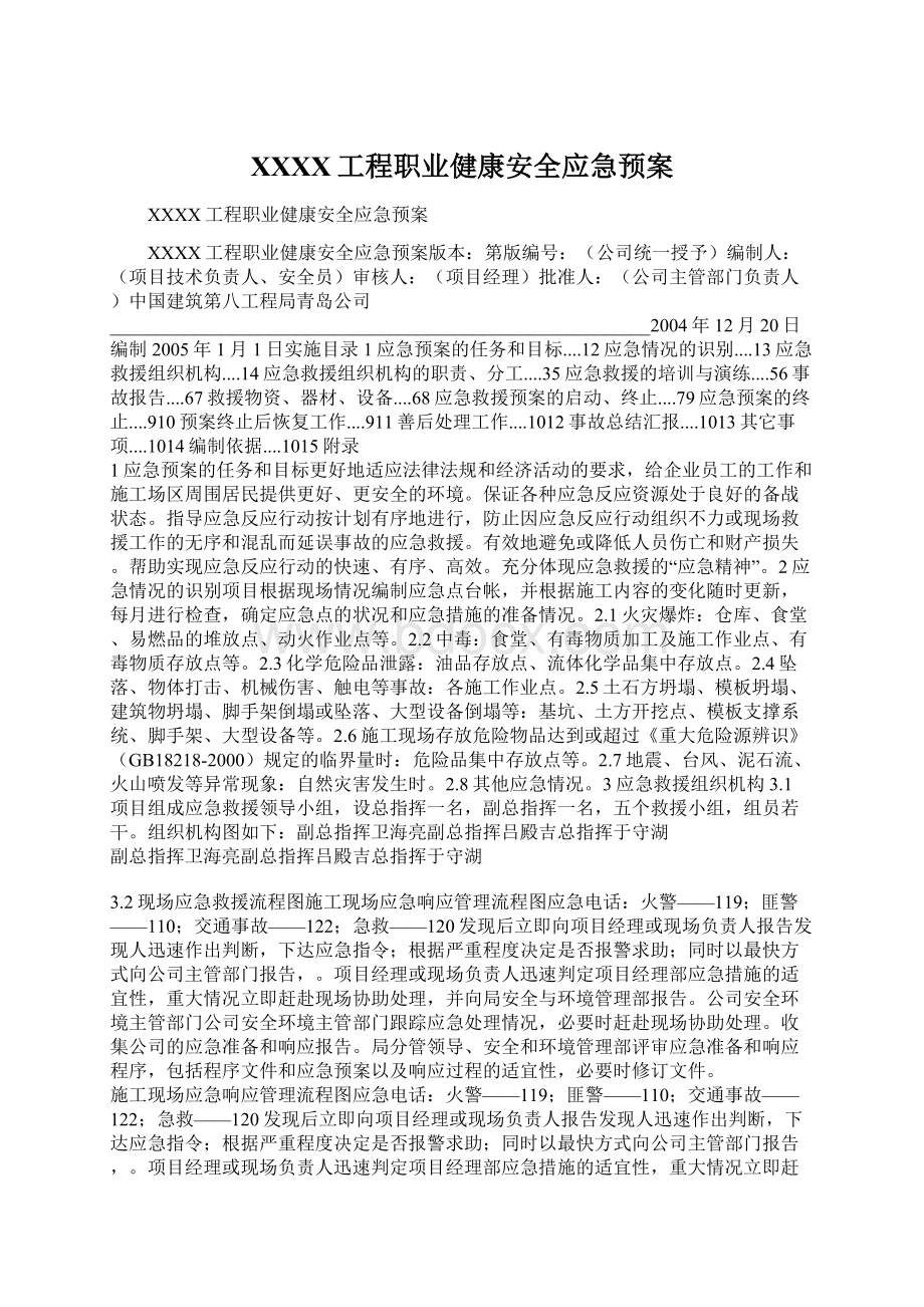 XXXX工程职业健康安全应急预案Word文档下载推荐.docx_第1页