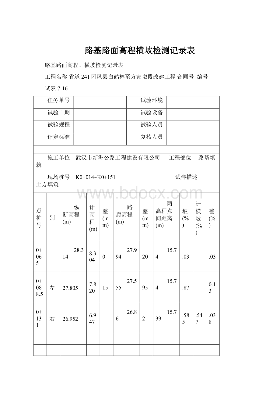 路基路面高程横坡检测记录表文档格式.docx