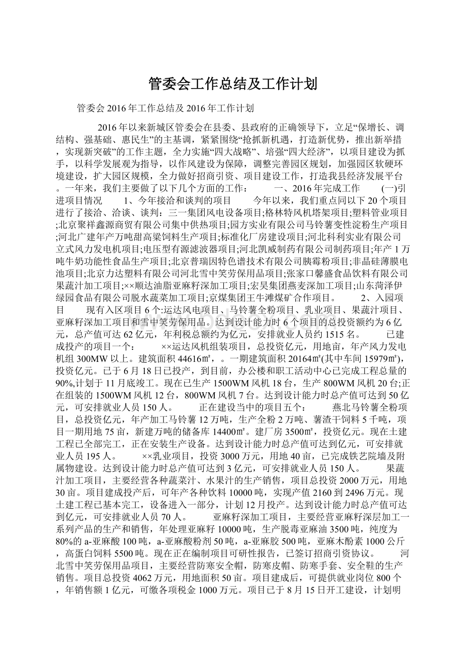 管委会工作总结及工作计划.docx_第1页