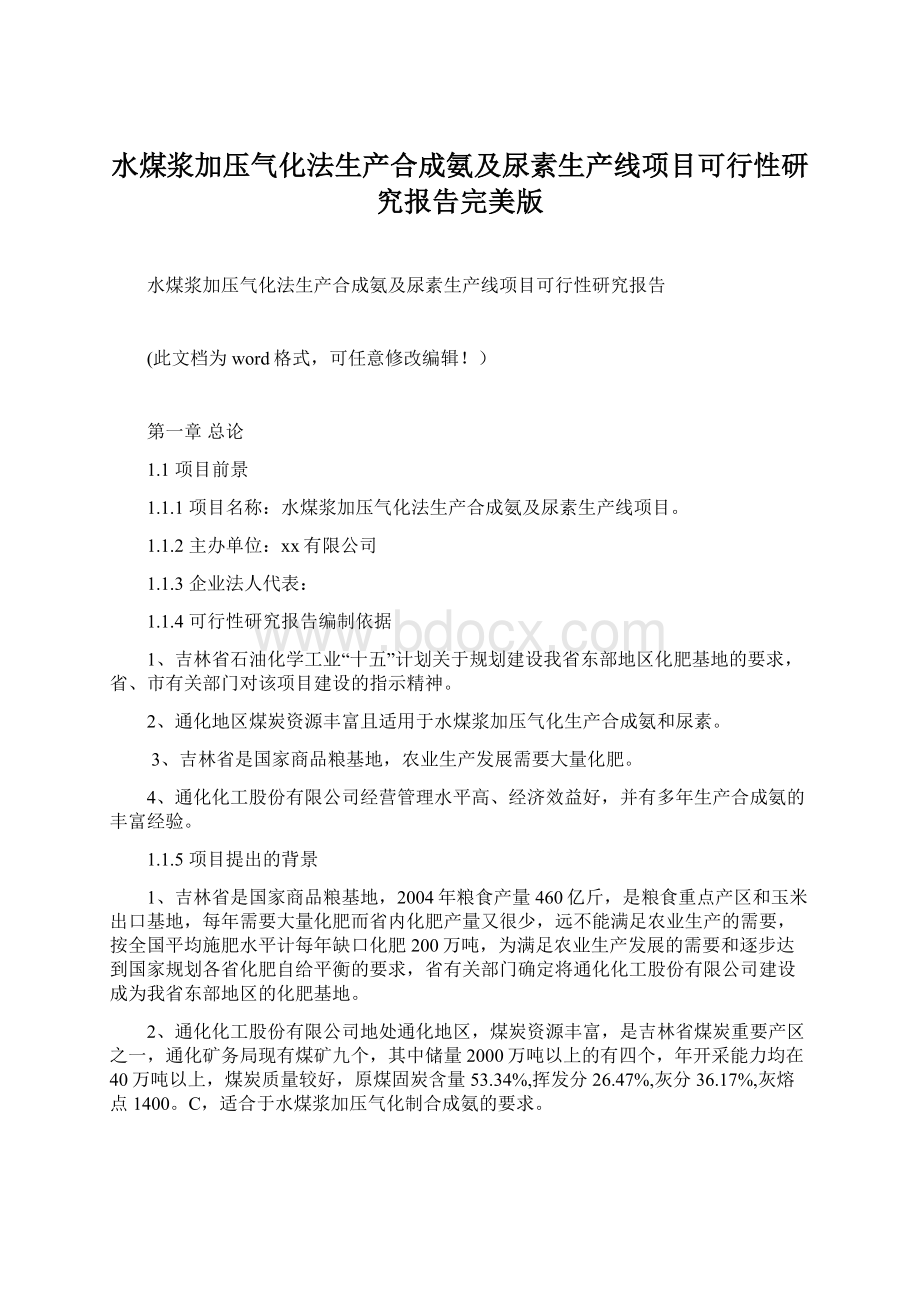 水煤浆加压气化法生产合成氨及尿素生产线项目可行性研究报告完美版Word文档下载推荐.docx