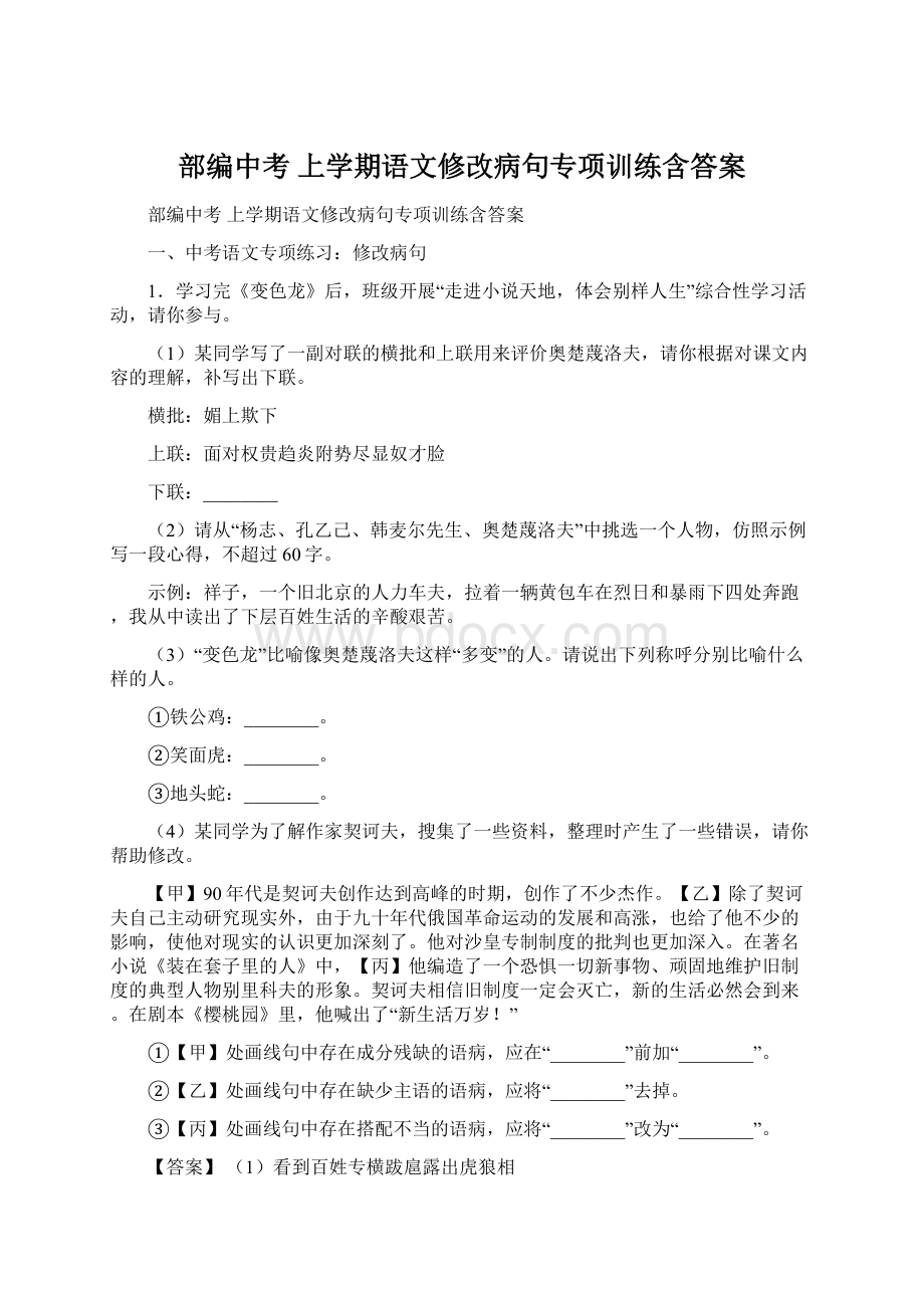 部编中考 上学期语文修改病句专项训练含答案.docx