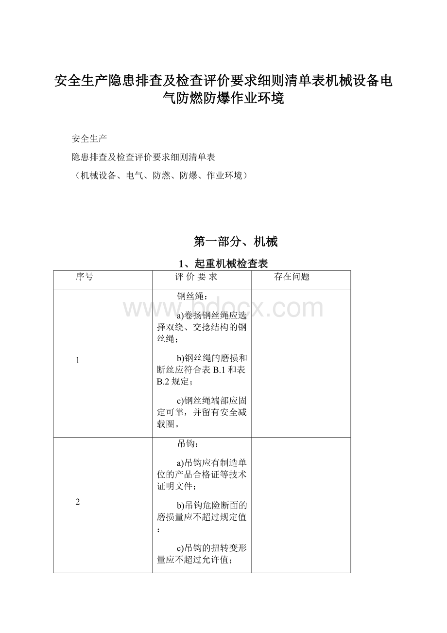 安全生产隐患排查及检查评价要求细则清单表机械设备电气防燃防爆作业环境Word文件下载.docx