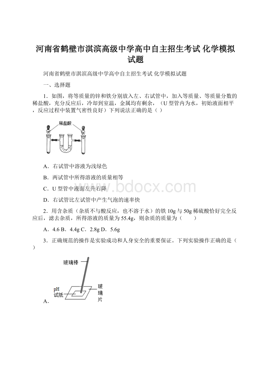 河南省鹤壁市淇滨高级中学高中自主招生考试 化学模拟试题Word格式文档下载.docx