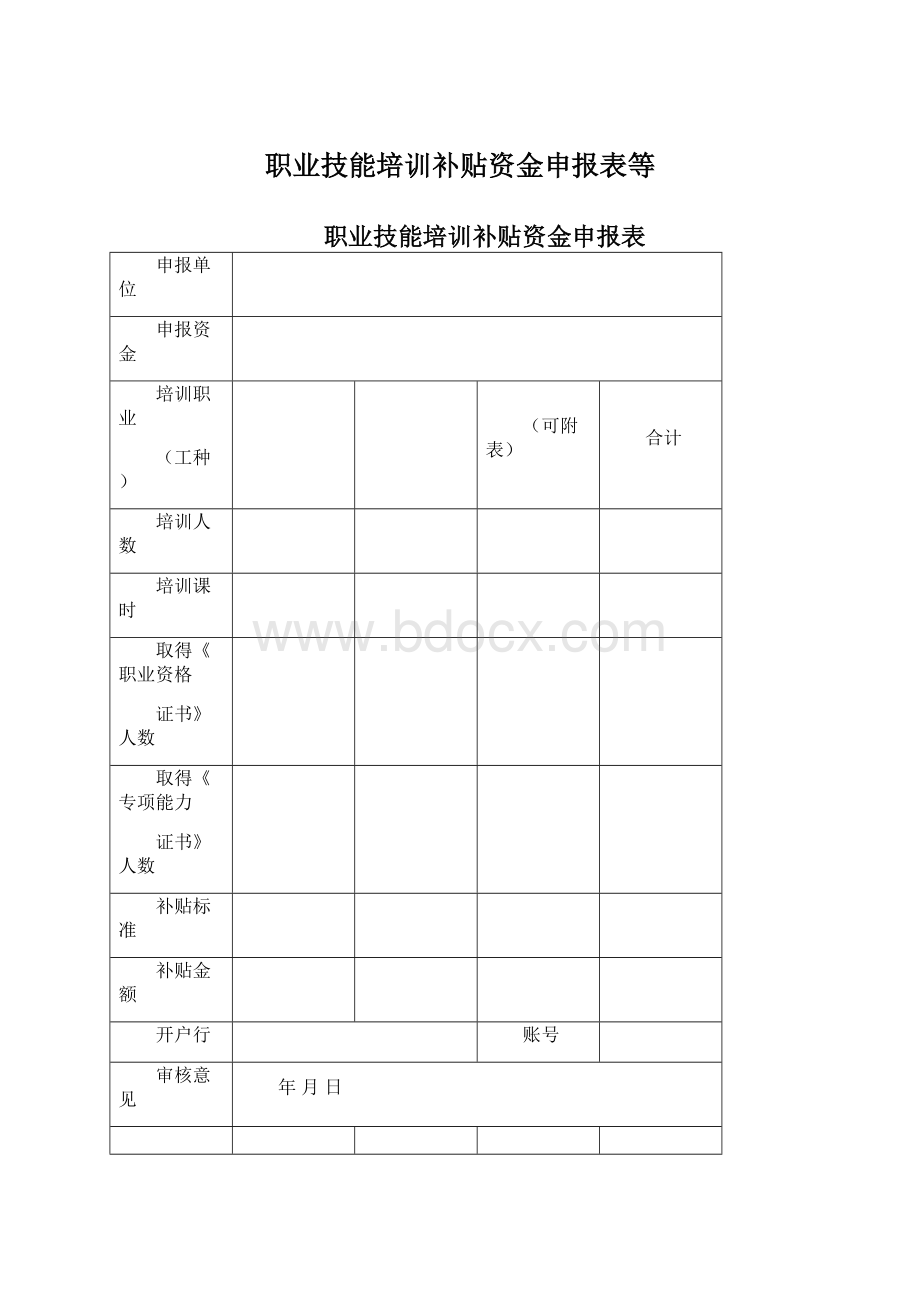 职业技能培训补贴资金申报表等文档格式.docx_第1页