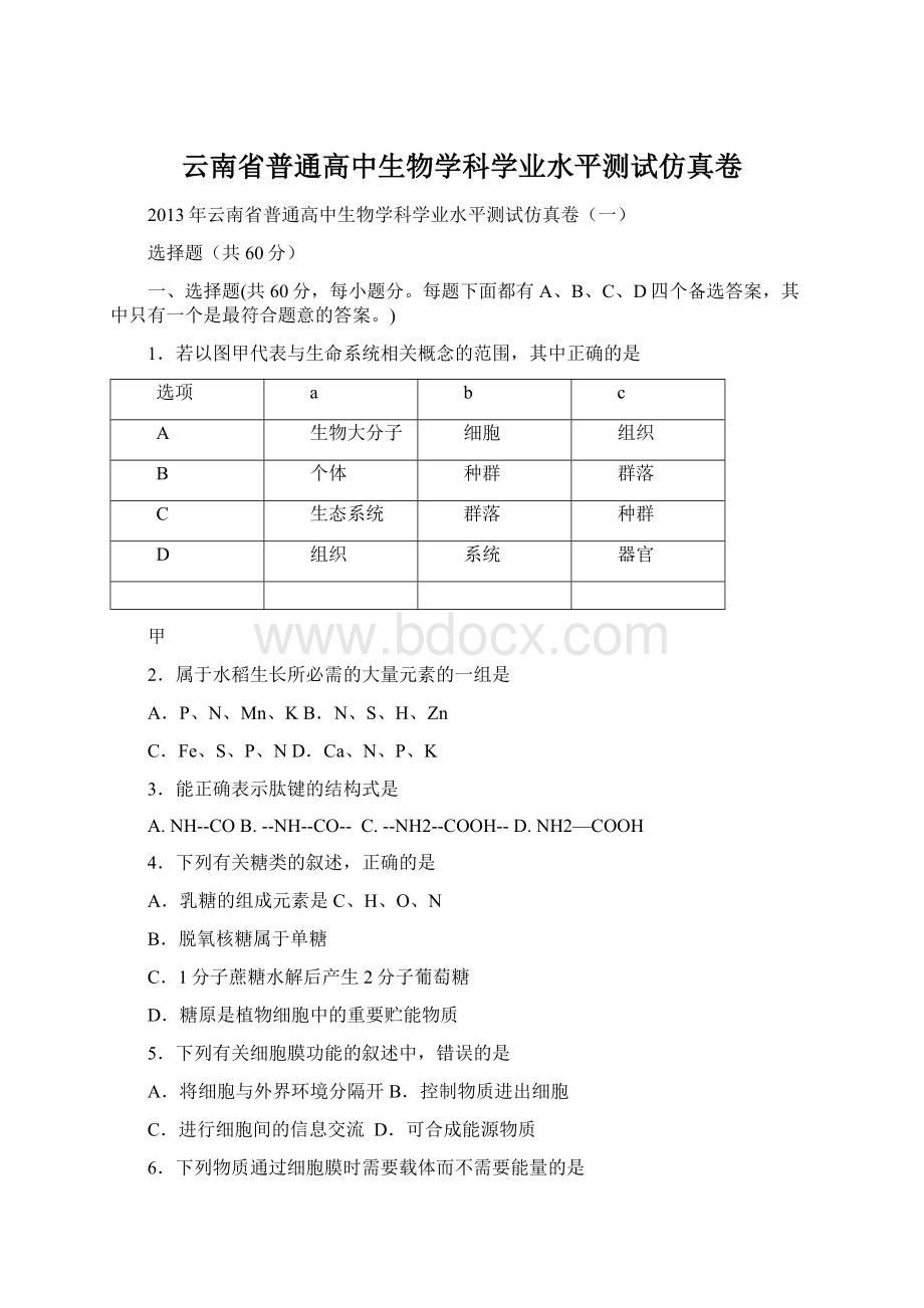 云南省普通高中生物学科学业水平测试仿真卷.docx