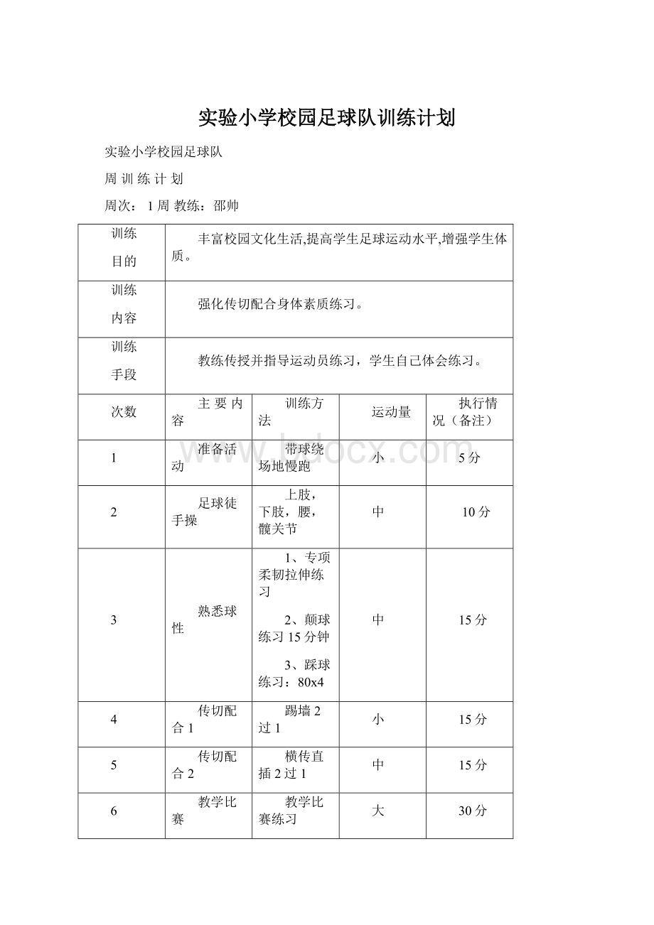 实验小学校园足球队训练计划Word格式文档下载.docx_第1页