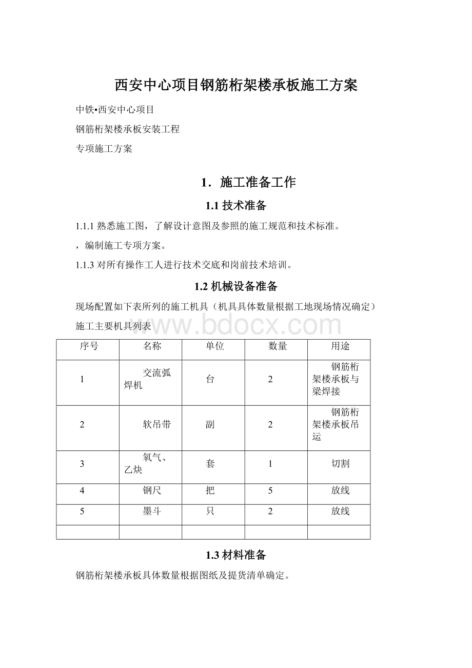 西安中心项目钢筋桁架楼承板施工方案文档格式.docx_第1页