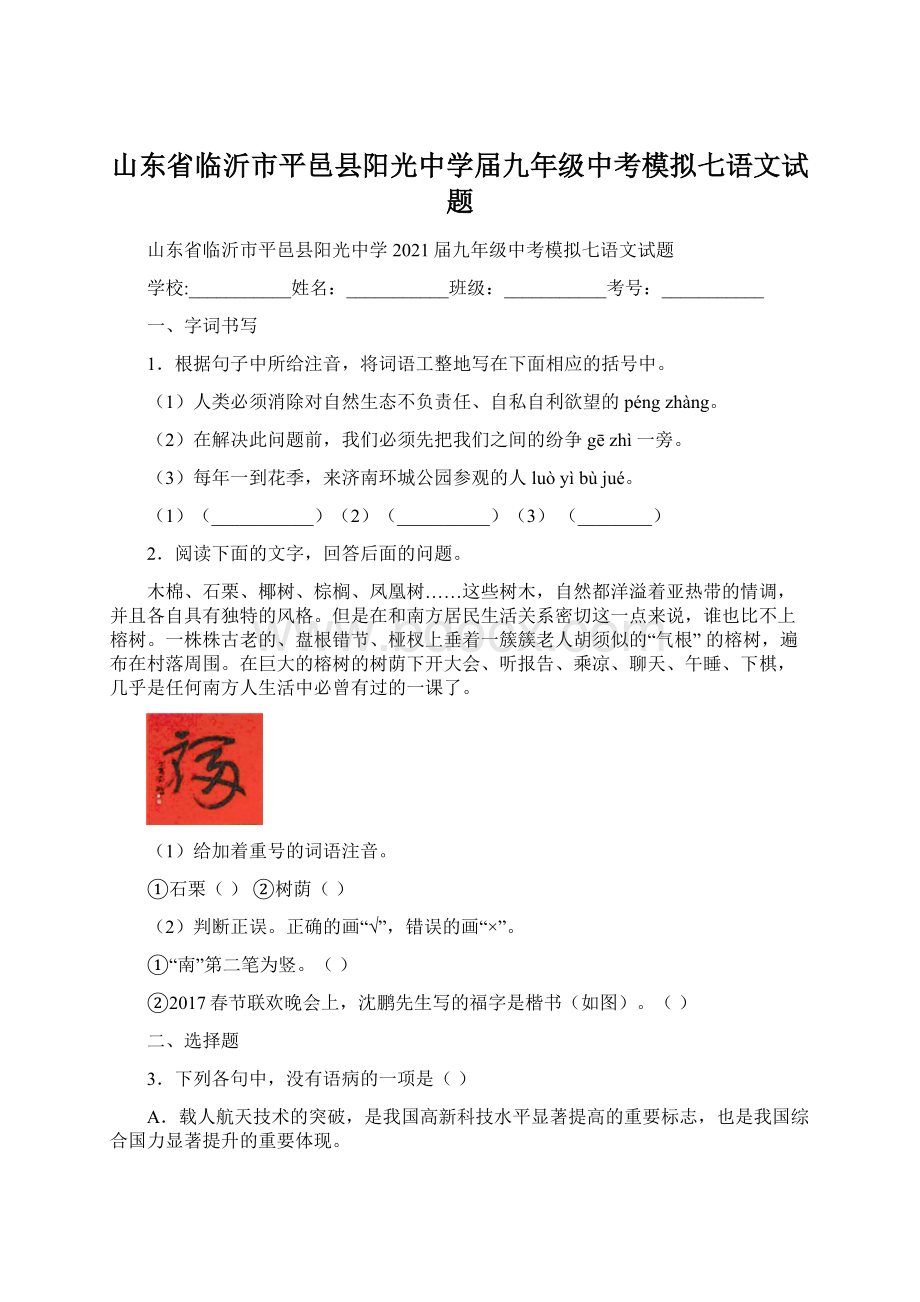 山东省临沂市平邑县阳光中学届九年级中考模拟七语文试题Word文件下载.docx_第1页