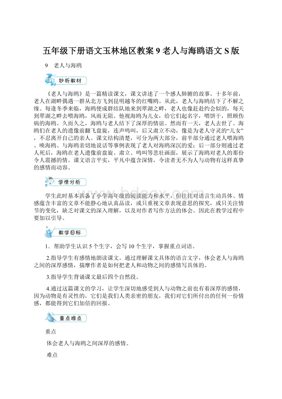 五年级下册语文玉林地区教案9 老人与海鸥语文S版Word文档下载推荐.docx