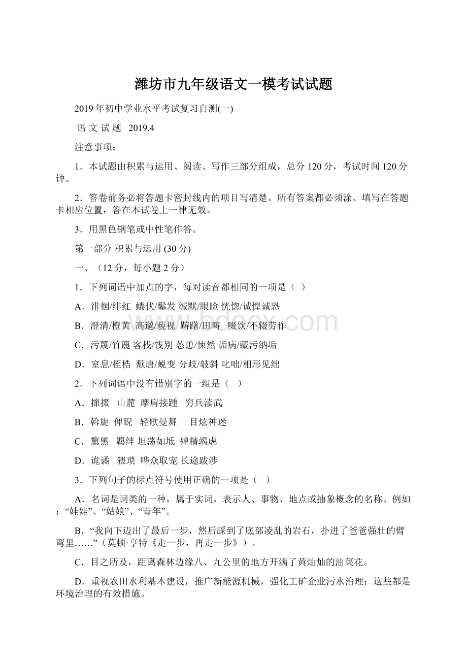 潍坊市九年级语文一模考试试题.docx_第1页