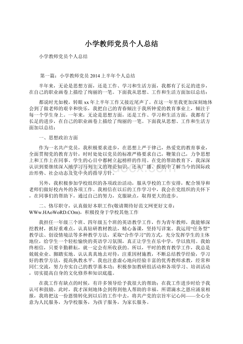 小学教师党员个人总结Word格式文档下载.docx