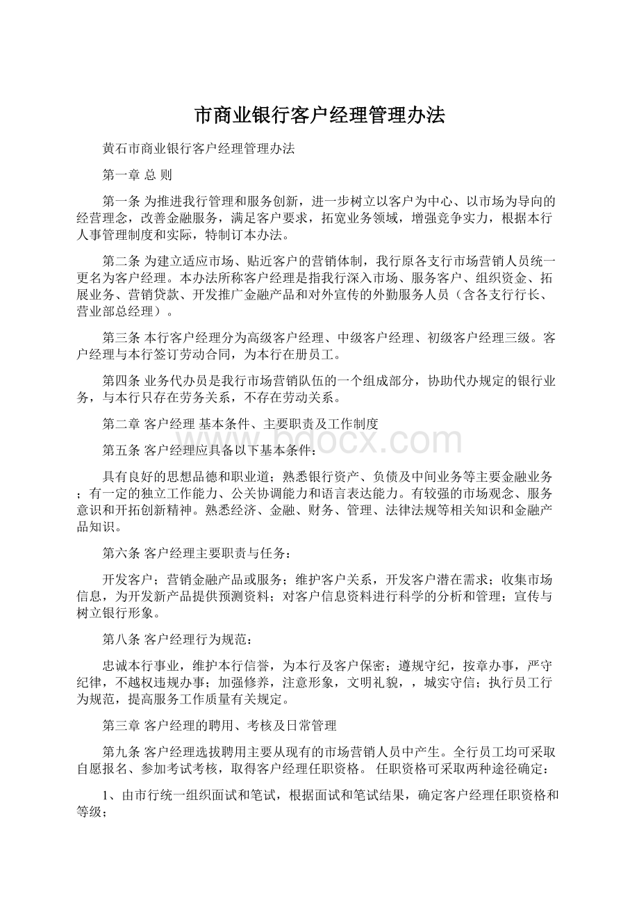 市商业银行客户经理管理办法文档格式.docx