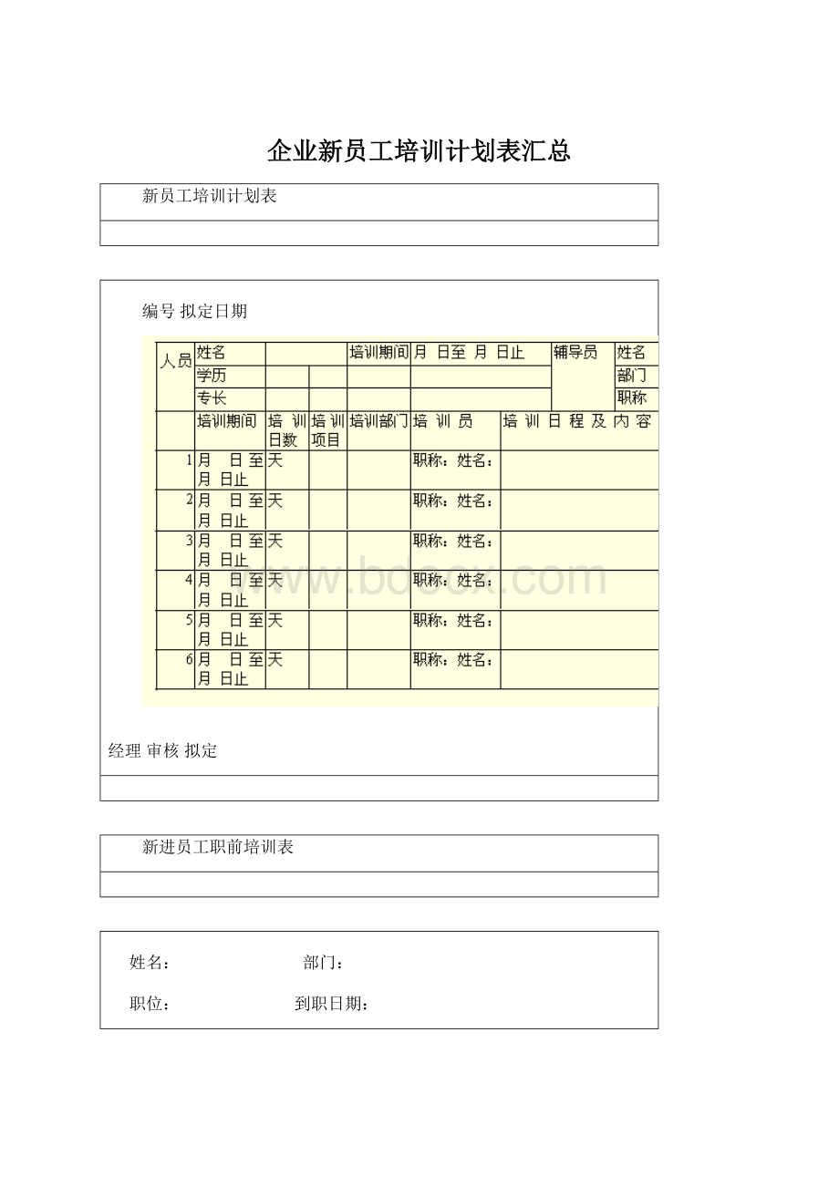 企业新员工培训计划表汇总.docx