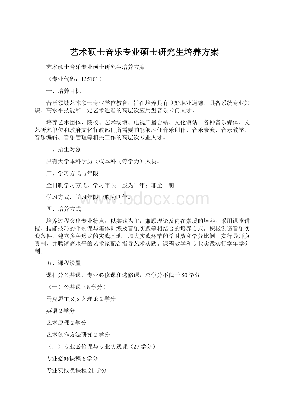 艺术硕士音乐专业硕士研究生培养方案Word格式.docx