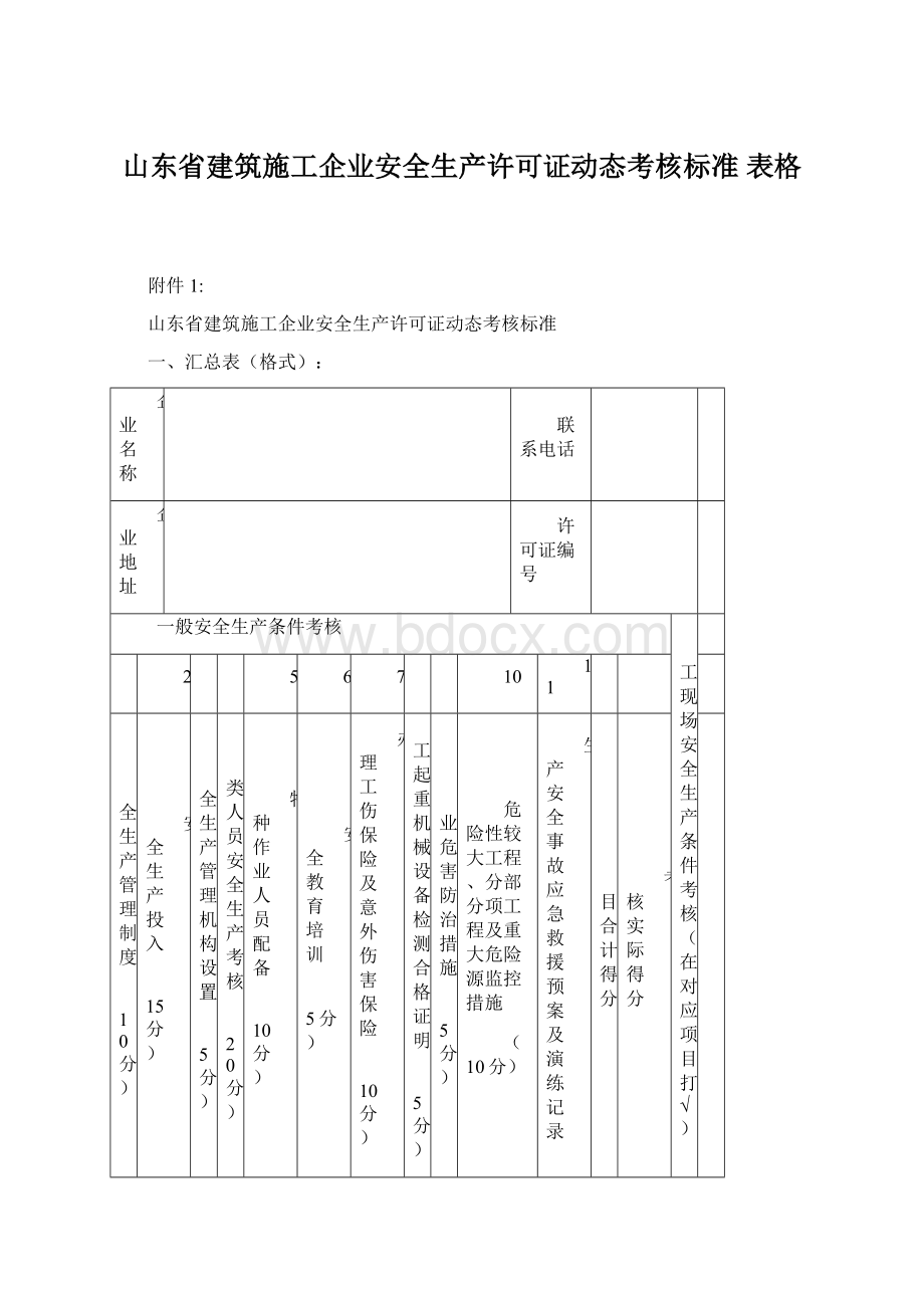 山东省建筑施工企业安全生产许可证动态考核标准 表格Word下载.docx_第1页