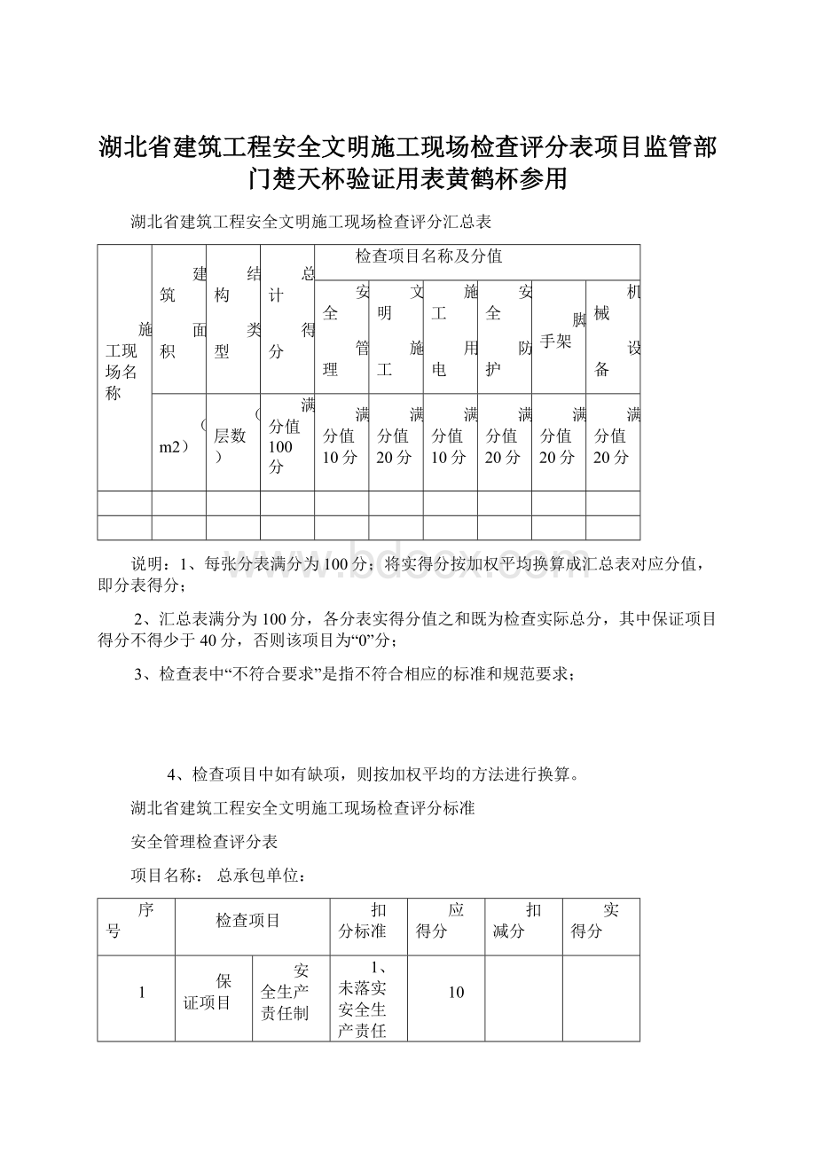 湖北省建筑工程安全文明施工现场检查评分表项目监管部门楚天杯验证用表黄鹤杯参用.docx_第1页