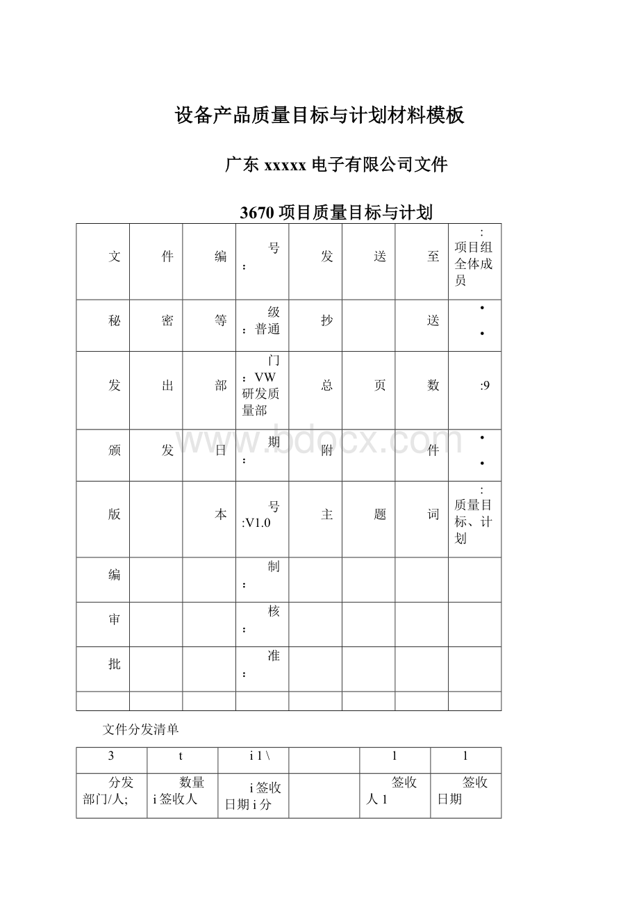 设备产品质量目标与计划材料模板.docx_第1页