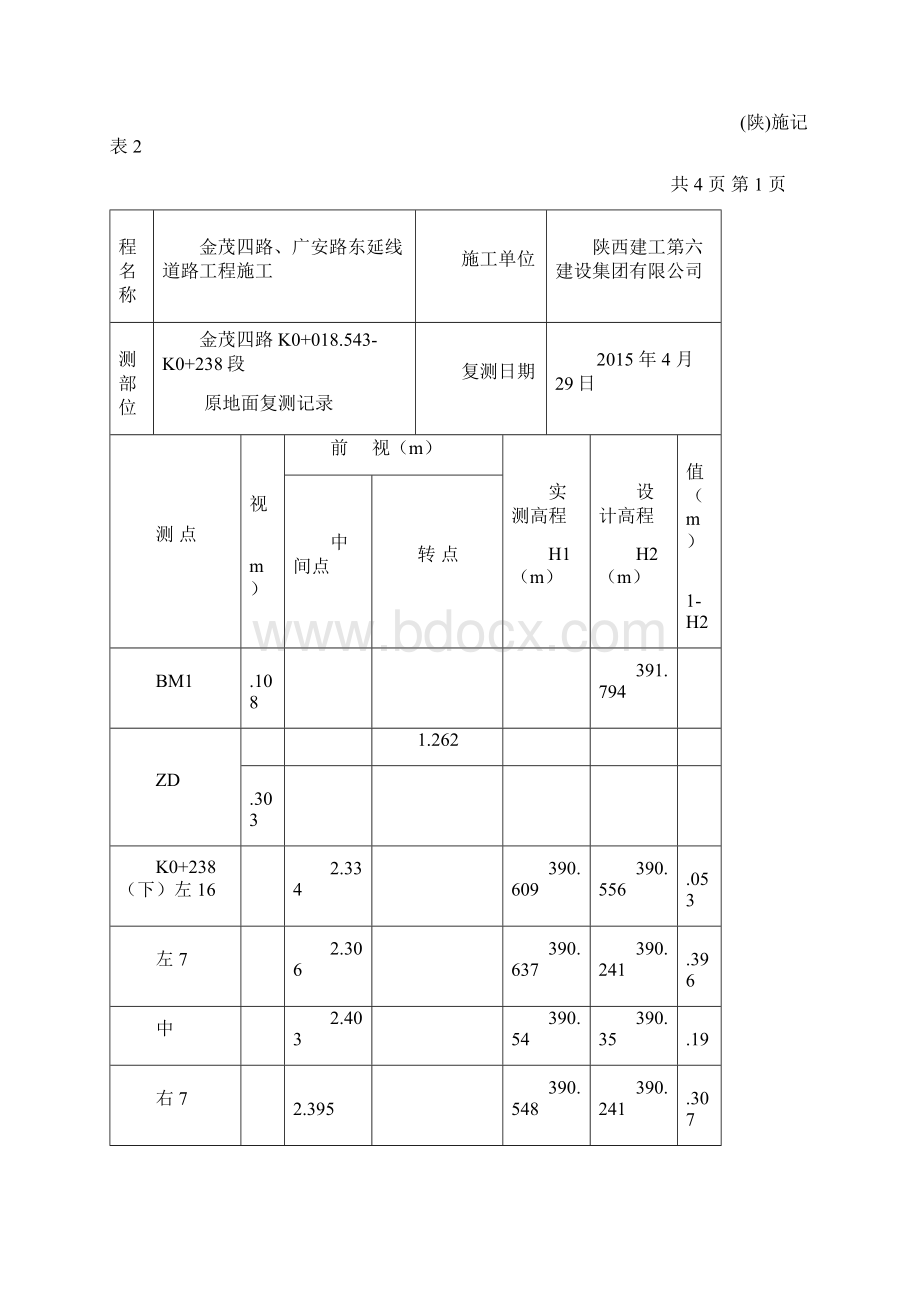 金茂四路原地面复测记录表K0+18543238副本Word文件下载.docx_第2页