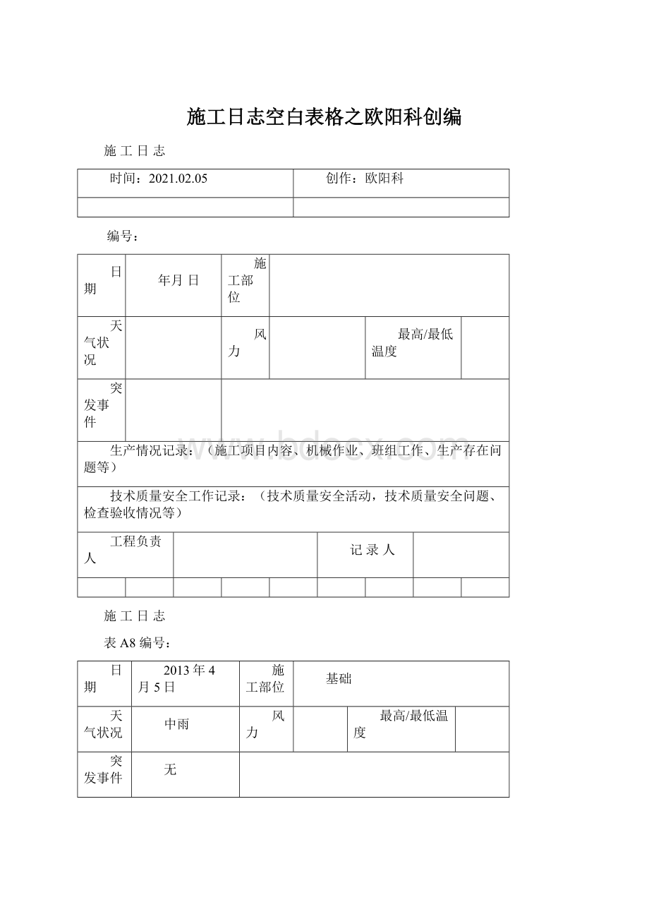 施工日志空白表格之欧阳科创编Word文档下载推荐.docx_第1页