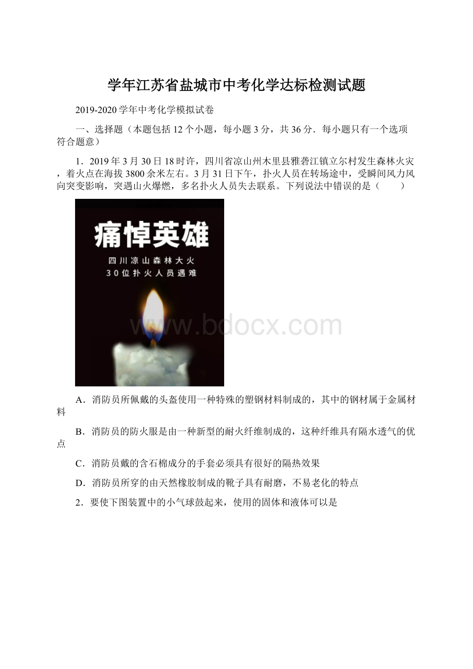 学年江苏省盐城市中考化学达标检测试题.docx