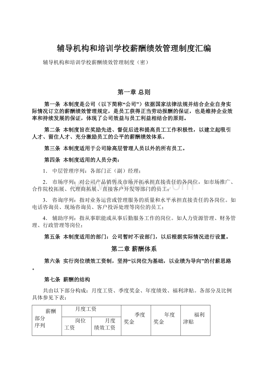 辅导机构和培训学校薪酬绩效管理制度汇编Word格式.docx