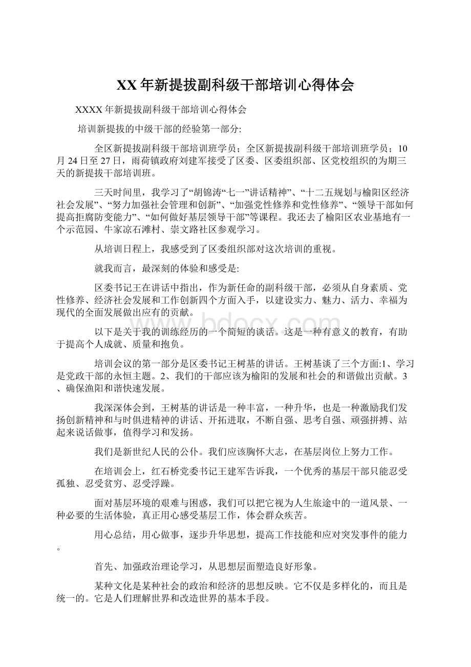 XX年新提拔副科级干部培训心得体会Word下载.docx