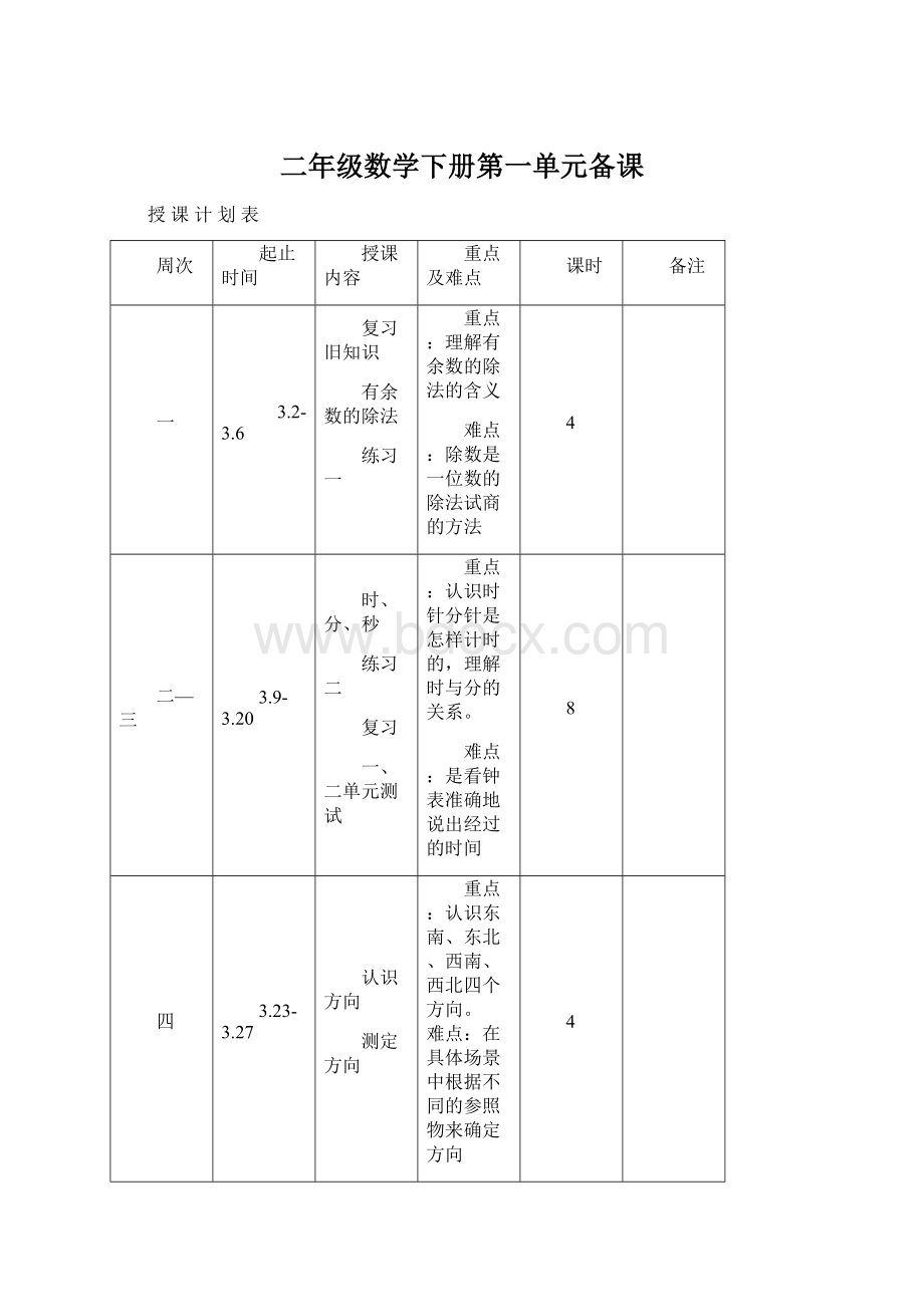 二年级数学下册第一单元备课Word格式.docx